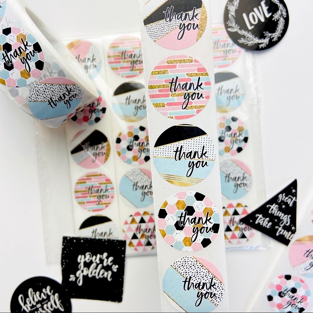 200pc Thank You Stickers, Pink, Black, Gold Pattern, Shipping Envelope Seals